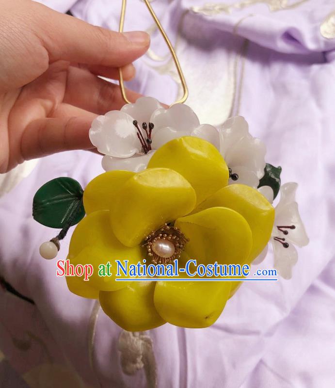 Chinese Ancient Palace Lady Plastic Camellia Hairpins Hair Accessories Handmade Yellow Flower Hair Stick