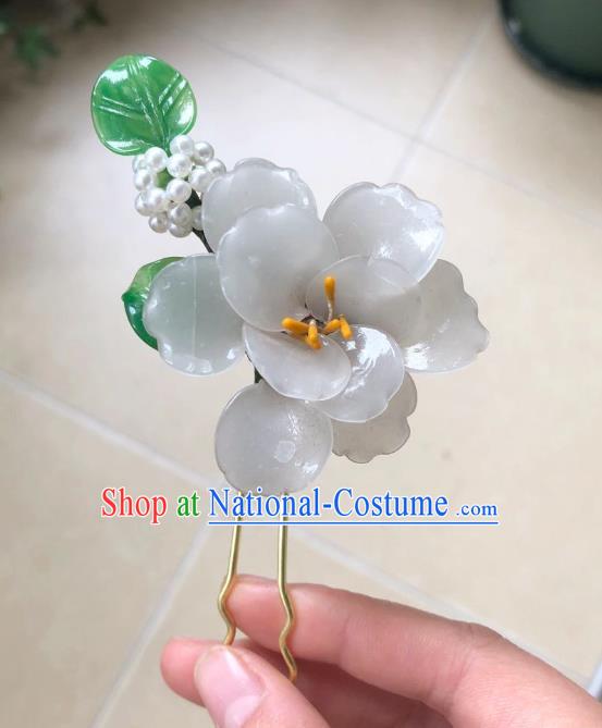 Chinese Ancient Palace Lady Beads Plastic Camellia Hairpins Hair Accessories Handmade White Flower Hair Stick