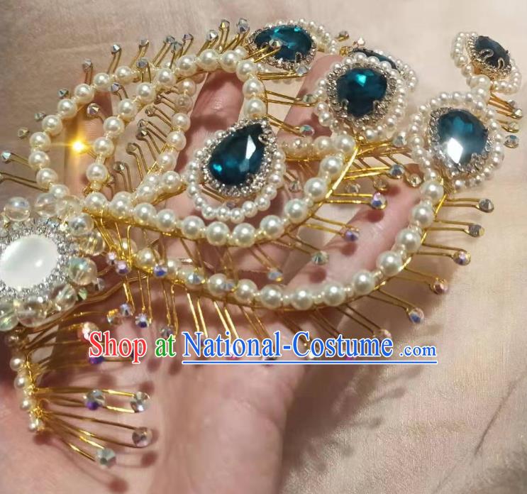 Chinese Ancient Imperial Empress Deep Blue Crystal Phoenix Hairpins Hair Accessories Handmade Ming Dynasty Court Golden Beads Hair Crown