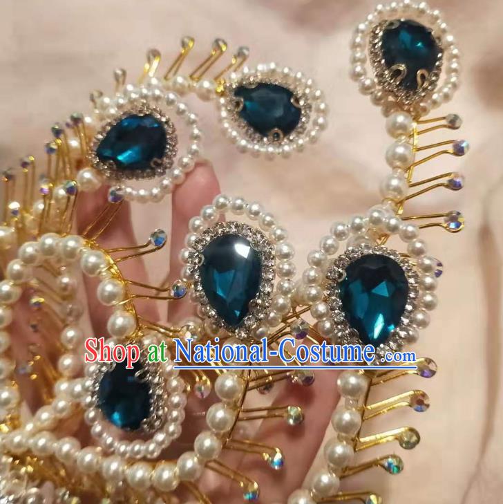 Chinese Ancient Imperial Empress Deep Blue Crystal Phoenix Hairpins Hair Accessories Handmade Ming Dynasty Court Golden Beads Hair Crown