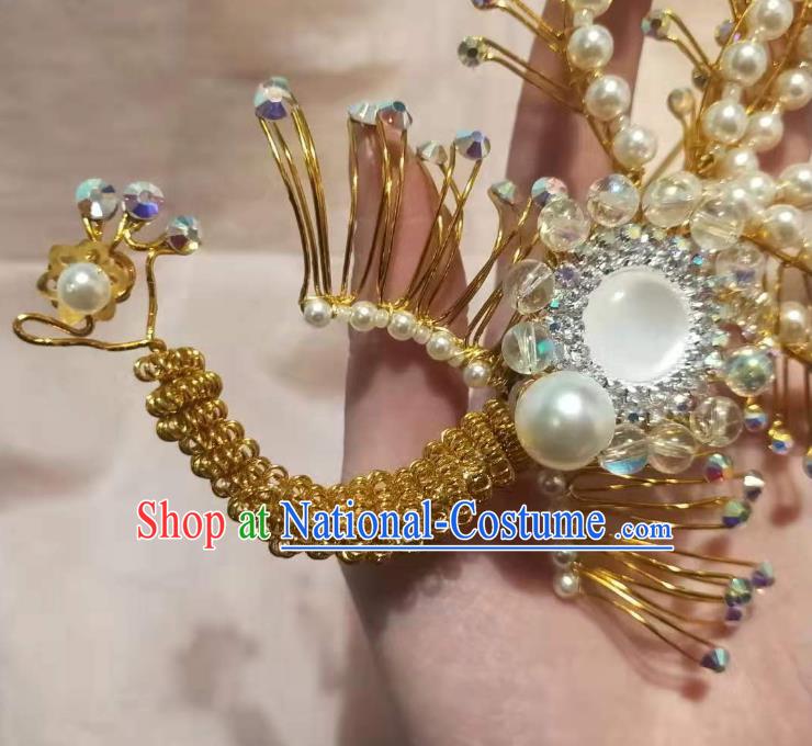 Chinese Ancient Imperial Empress Deep Blue Crystal Phoenix Hairpins Hair Accessories Handmade Ming Dynasty Court Golden Beads Hair Crown