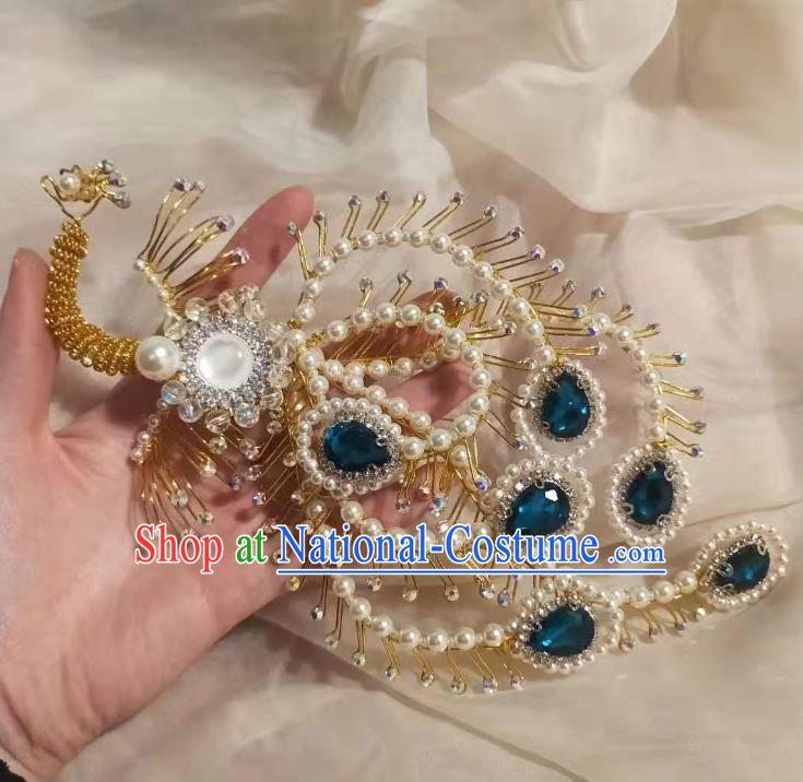 Chinese Ancient Imperial Empress Deep Blue Crystal Phoenix Hairpins Hair Accessories Handmade Ming Dynasty Court Golden Beads Hair Crown