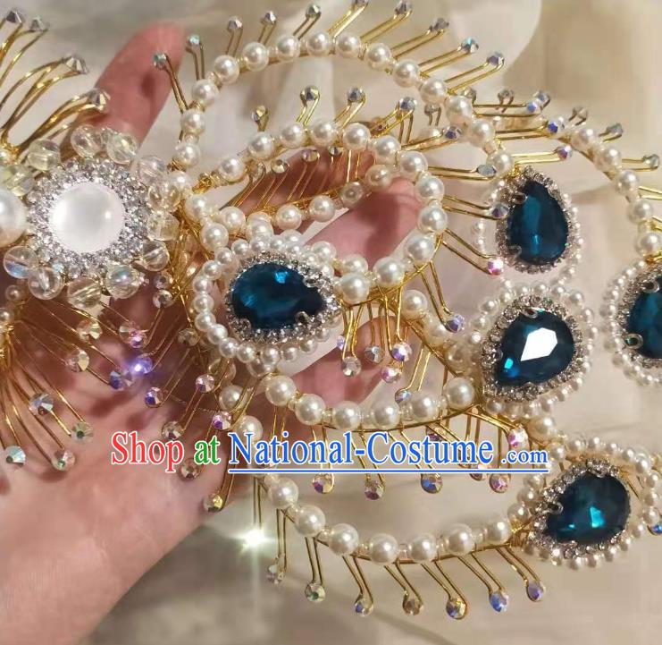 Chinese Ancient Imperial Empress Deep Blue Crystal Phoenix Hairpins Hair Accessories Handmade Ming Dynasty Court Golden Beads Hair Crown