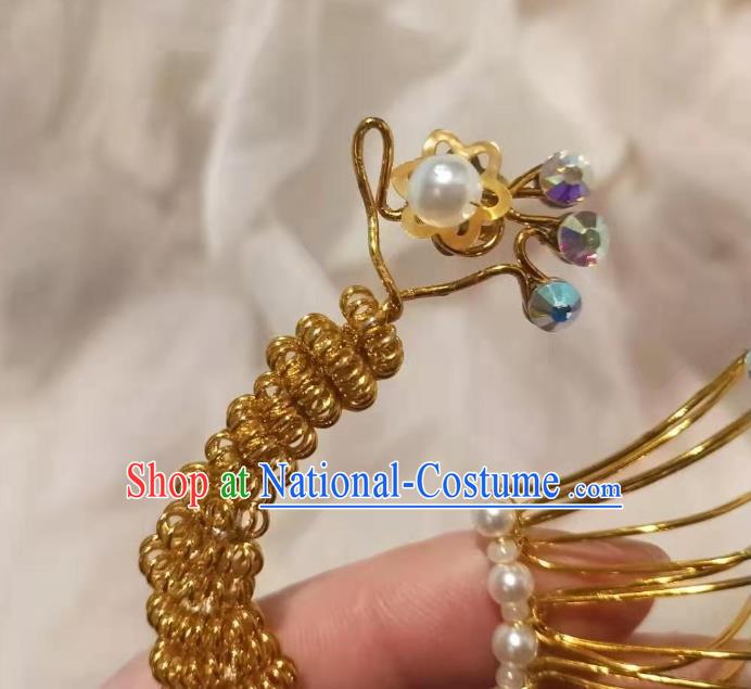 Chinese Ancient Imperial Empress Deep Blue Crystal Phoenix Hairpins Hair Accessories Handmade Ming Dynasty Court Golden Beads Hair Crown