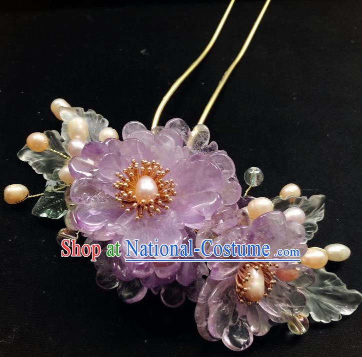 Chinese Ancient Princess Pearls Hairpins Hair Accessories Handmade Ming Dynasty Lilac Flowers Hair Stick