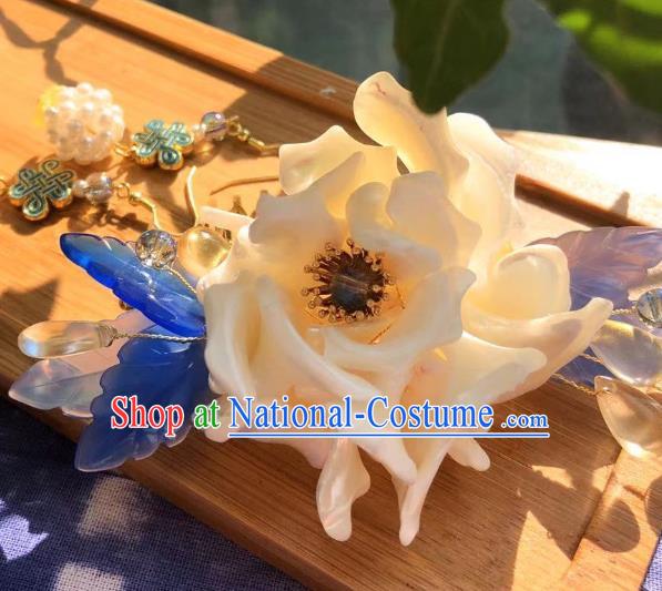 Chinese Ancient Princess White Peony Hairpins Hair Accessories Handmade Ming Dynasty Flower Hair Stick