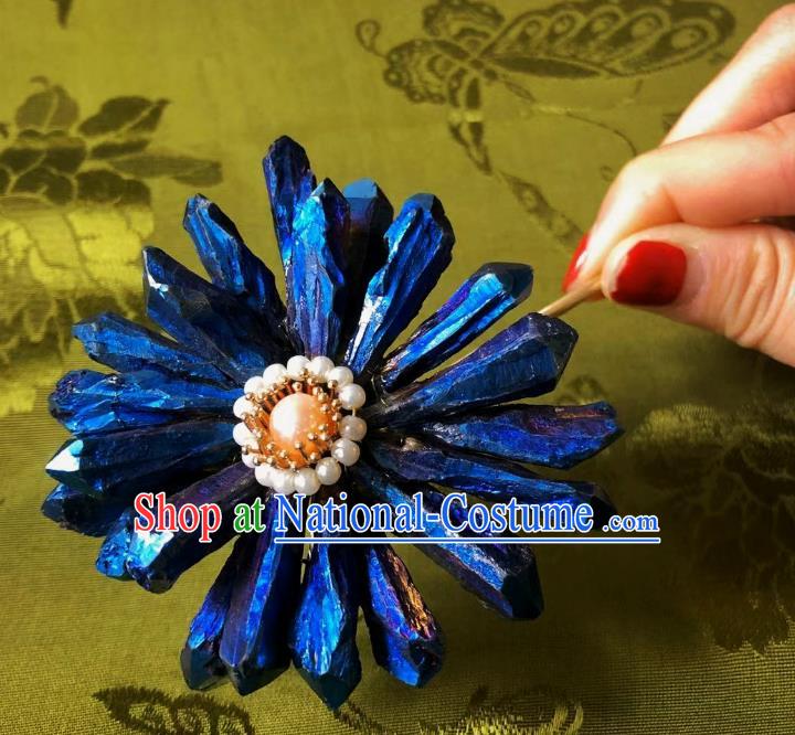 Chinese Ancient Princess Deep Blue Chrysanthemum Hairpins Hair Accessories Handmade Ming Dynasty Lapis Pearl Hair Stick