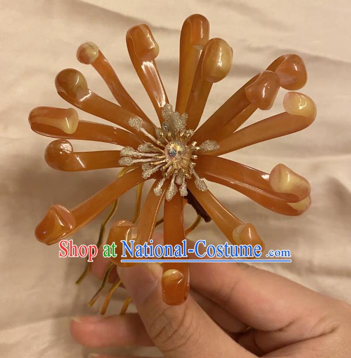 Chinese Ancient Palace Lady Brown Flowers Hairpins Hair Accessories Handmade Plastic Chrysanthemum Hair Comb