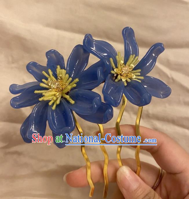 Chinese Ancient Palace Lady Deep Blue Flowers Hairpins Hair Accessories Handmade Plastic Chrysanthemum Hair Comb