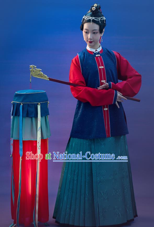 Chinese Ancient Patrician Female Hanfu Dresses Traditional Historical Costumes Ming Dynasty Court Lady Navy Brocade Vest Blouse and Skirt Complete Set