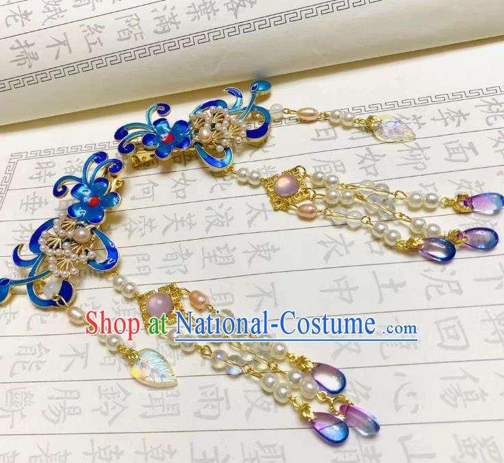 Chinese Ancient Empress Beads Tassel Hairpins Hair Accessories Handmade Ming Dynasty Palace Cloisonne Flower Hair Sticks