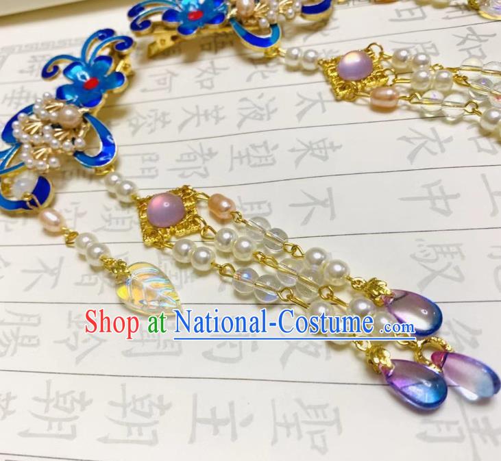 Chinese Ancient Empress Beads Tassel Hairpins Hair Accessories Handmade Ming Dynasty Palace Cloisonne Flower Hair Sticks