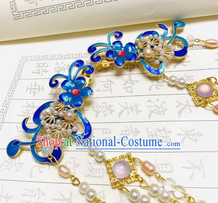 Chinese Ancient Empress Beads Tassel Hairpins Hair Accessories Handmade Ming Dynasty Palace Cloisonne Flower Hair Sticks