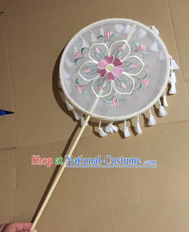 Chinese Classical Wedding White Tassel Silk Fans Handmade Round Fan Ancient Tang Dynasty Princess Hanfu Embroidered Palace Fan