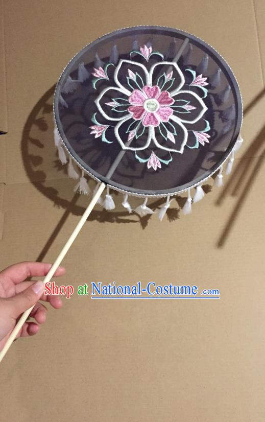 Chinese Classical Wedding Black Silk Fans Handmade Tassel Round Fan Ancient Tang Dynasty Princess Hanfu Embroidered Palace Fan