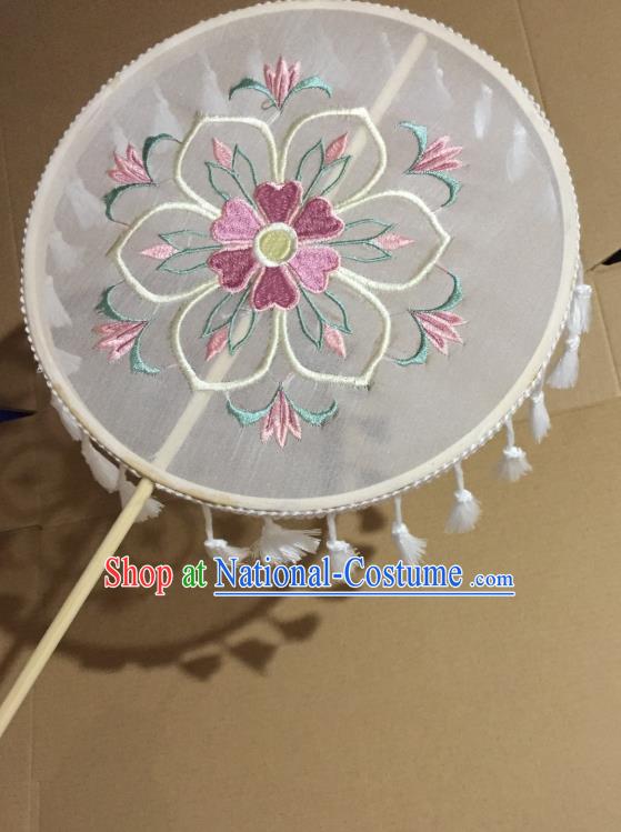 Chinese Classical Wedding White Tassel Silk Fans Handmade Round Fan Ancient Tang Dynasty Princess Hanfu Embroidered Palace Fan