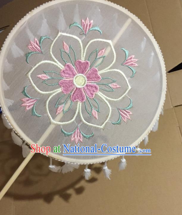 Chinese Classical Wedding White Tassel Silk Fans Handmade Round Fan Ancient Tang Dynasty Princess Hanfu Embroidered Palace Fan