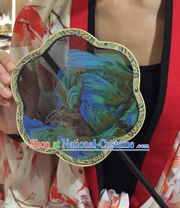 Chinese Classical Landscape Painting Fans Handmade Fan Ancient Ming Dynasty Princess Hanfu Black Silk Palace Fan