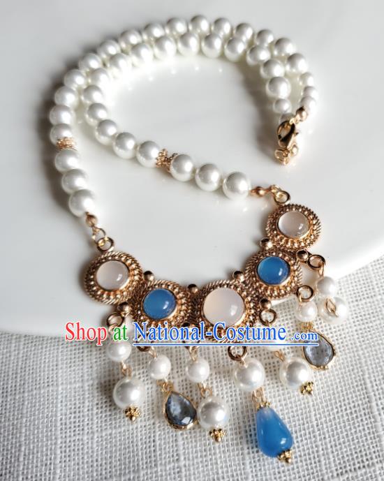 Chinese Handmade Chalcedony Necklet Classical Jewelry Accessories Ancient Princess Hanfu Gems Pearls Tassel Necklace for Women