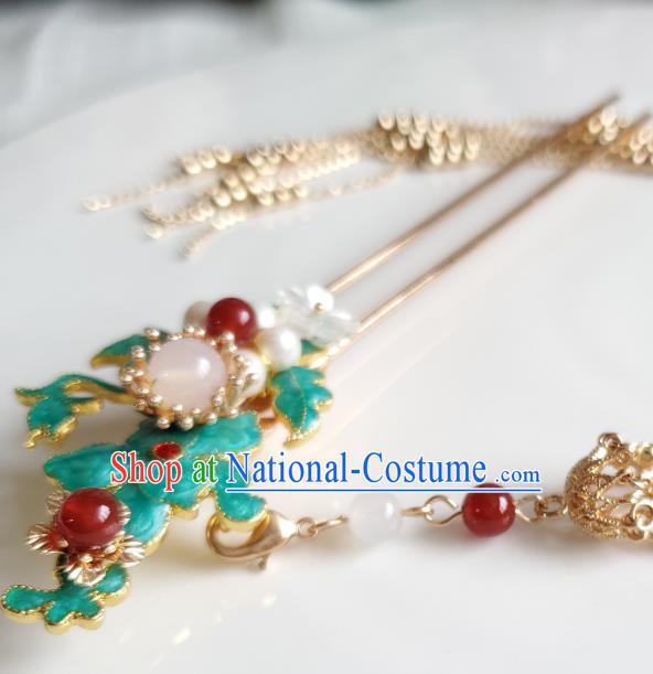 Chinese Ancient Princess Pearls Blueing Hair Stick Hair Accessories Handmade Ming Dynasty Hanfu Golden Tassel Hairpins