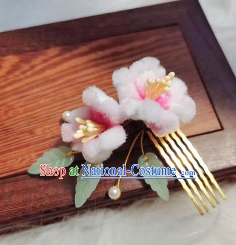 Chinese Ancient Qing Dynasty Pink Peach Blossom Hair Comb Handmade Hair Accessories Hanfu Princess Velvet Flowers Hairpins