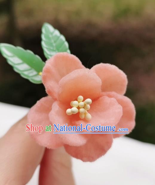 Chinese Qing Dynasty Pink Velvet Camellia Hair Stick Handmade Hair Accessories Hanfu Ancient Princess Flowers Hairpins