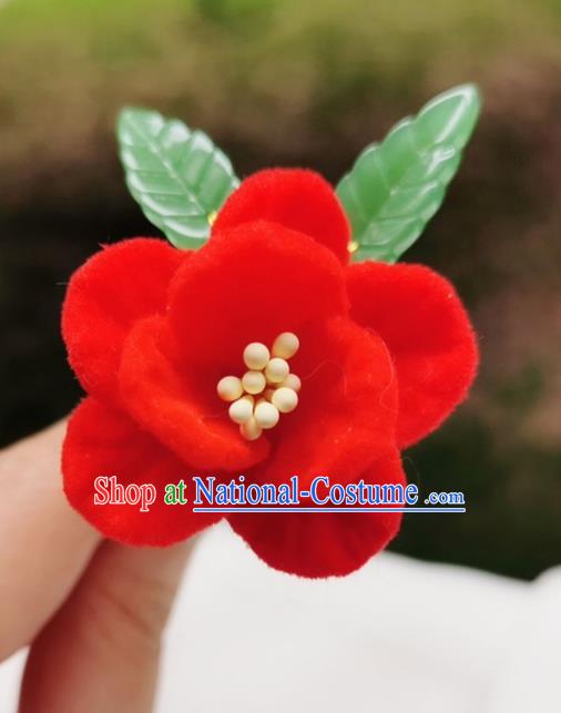 Chinese Qing Dynasty Red Velvet Camellia Hair Stick Handmade Hair Accessories Hanfu Ancient Princess Flowers Hairpins