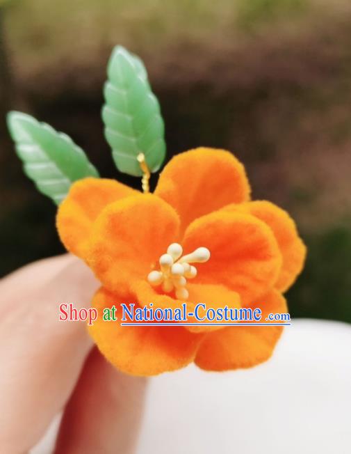 Chinese Qing Dynasty Orange Velvet Camellia Hair Stick Handmade Hair Accessories Hanfu Ancient Princess Flowers Hairpins