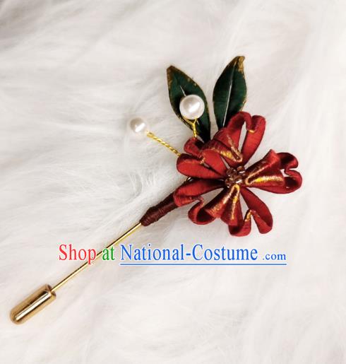 Chinese Handmade Dark Red Silk Lotus Brooch Classical Jewelry Accessories Hanfu Breastpin