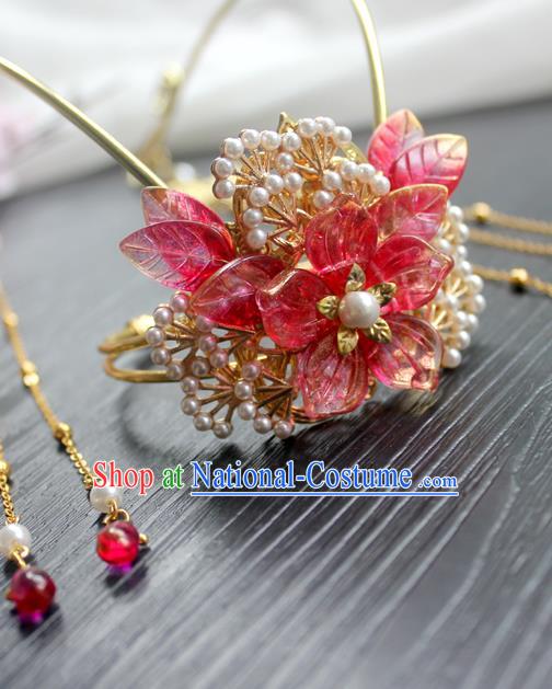 Chinese Classical Golden Pine Hair Crown Handmade Hanfu Hair Accessories Ancient Ming Dynasty Peach Blossom Tassel Hairpins