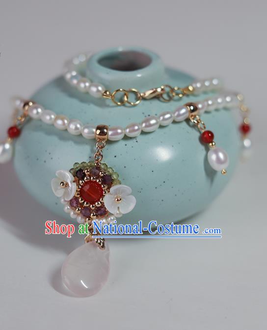 Chinese Handmade Pearls Necklet Classical Jewelry Accessories Ancient Ming Dynasty Princess Hanfu Shell Flowers Necklace for Women