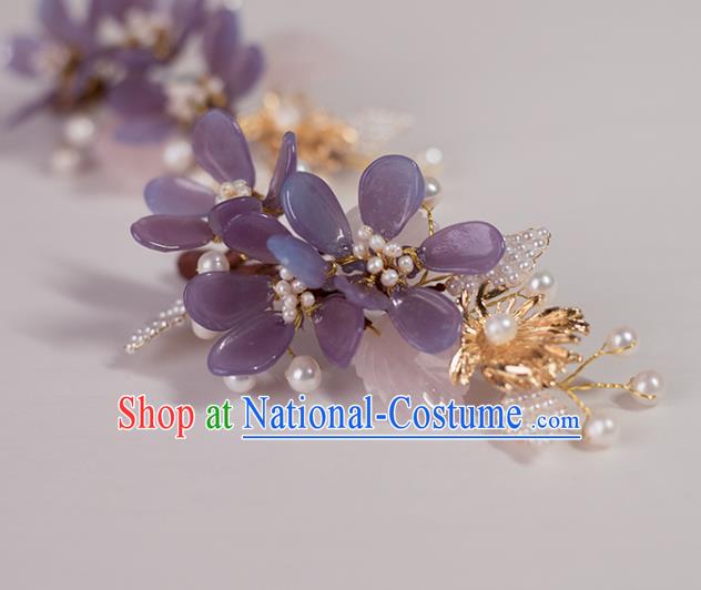 Chinese Classical Court Purple Flowers Hair Sticks Handmade Hanfu Hair Accessories Ancient Song Dynasty Princess Pearls Hairpins