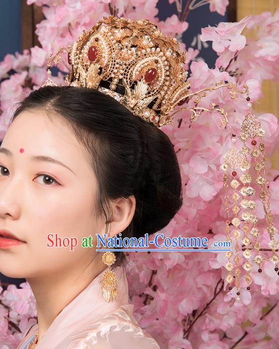 Chinese Classical Court Golden Hair Crown Handmade Hanfu Hair Accessories Ancient Song Dynasty Princess Agate Pearls Hairpins