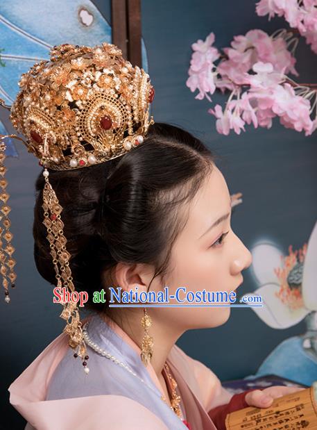 Chinese Classical Court Golden Hair Crown Handmade Hanfu Hair Accessories Ancient Song Dynasty Princess Agate Pearls Hairpins