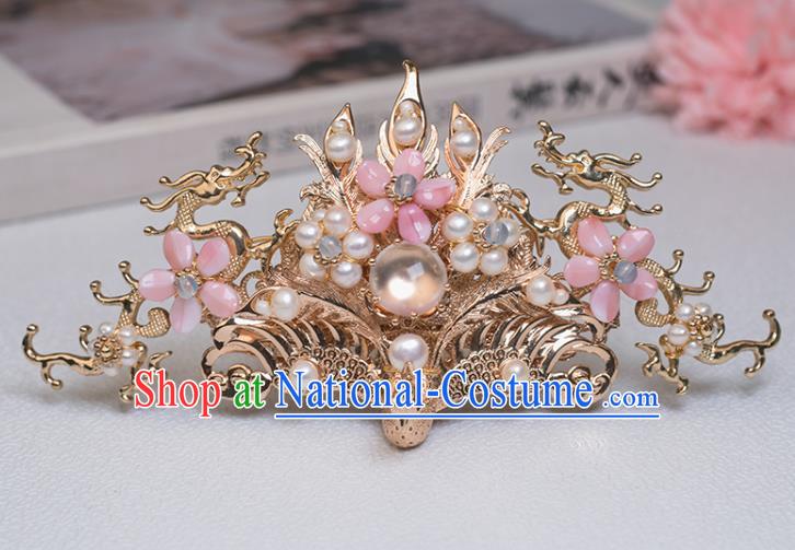 Chinese Classical Court Pearls Hair Crown Handmade Hanfu Hair Accessories Ancient Song Dynasty Princess Pearls Golden Phoenix Hairpins