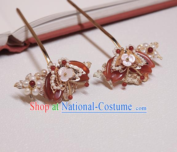 Chinese Classical Court Agate Butterfly Hair Stick Handmade Hanfu Hair Accessories Ancient Ming Dynasty Princess Pearls Hairpins