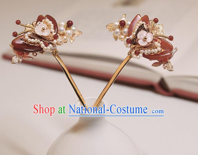 Chinese Classical Court Agate Butterfly Hair Stick Handmade Hanfu Hair Accessories Ancient Ming Dynasty Princess Pearls Hairpins