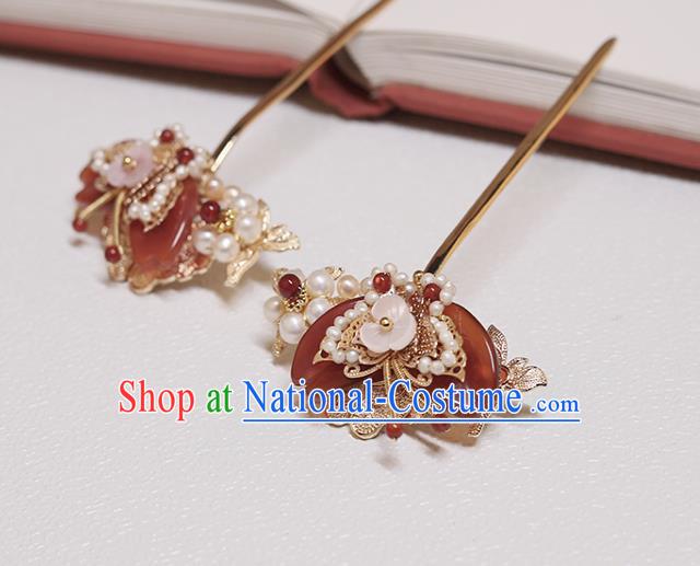 Chinese Classical Court Agate Butterfly Hair Stick Handmade Hanfu Hair Accessories Ancient Ming Dynasty Princess Pearls Hairpins