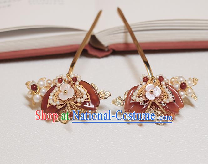 Chinese Classical Court Agate Butterfly Hair Stick Handmade Hanfu Hair Accessories Ancient Ming Dynasty Princess Pearls Hairpins