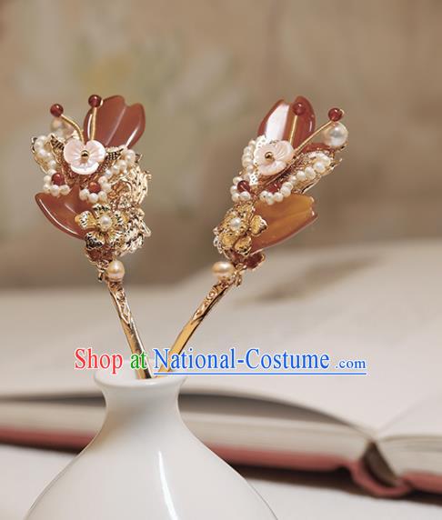 Chinese Classical Court Pearls Butterfly Hair Stick Handmade Hanfu Hair Accessories Ancient Ming Dynasty Princess Agate Hairpins