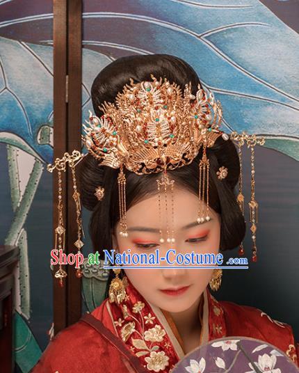 Chinese Classical Court Golden Phoenix Hair Crown Handmade Hanfu Hair Accessories Ancient Han Dynasty Empress Pearls Hairpins