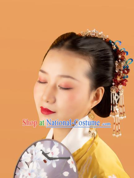 Chinese Classical Court Red Flowers Hair Crown Handmade Hanfu Hair Accessories Ancient Ming Dynasty Empress Pearls Tassel Hairpins Hair Clasp