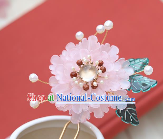 Chinese Classical Palace Pink Peony Hair Stick Handmade Hanfu Hair Accessories Ancient Ming Dynasty Princess Chalcedony Hairpins