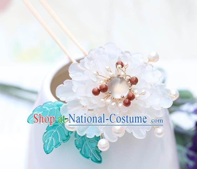 Chinese Classical Palace White Peony Hair Stick Handmade Hanfu Hair Accessories Ancient Ming Dynasty Princess Chalcedony Hairpins