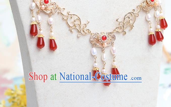 Chinese Handmade Red Agate Tassel Necklet Classical Jewelry Accessories Ancient Ming Dynasty Princess Hanfu Golden Necklace for Women