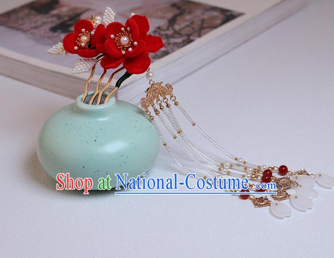 Chinese Classical Court Red Camellia Hair Comb Handmade Hanfu Hair Accessories Ancient Ming Dynasty Princess Beads Tassel Hairpins