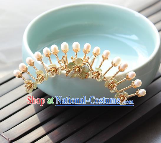 Chinese Classical Green Plum Hair Crown Handmade Hanfu Hair Accessories Ancient Ming Dynasty Empress Pearls Golden Hairpins