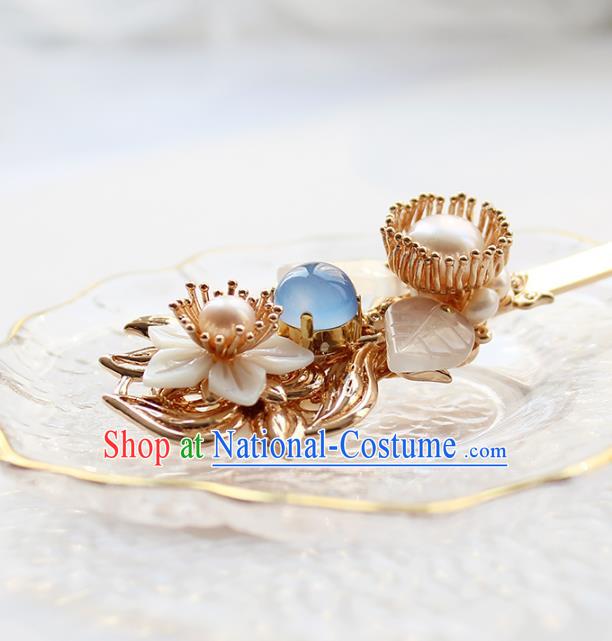 Chinese Classical Blue Chalcedony Hair Stick Handmade Hanfu Hair Accessories Ancient Ming Dynasty Empress Pearls Golden Hairpins