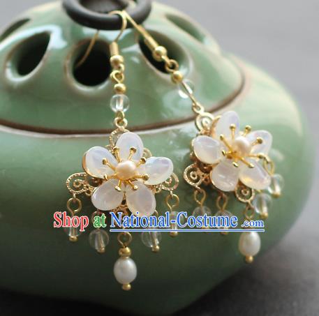 Chinese Handmade Opal Plum Earrings Classical Jewelry Accessories Hanfu Ming Dynasty Princess Tassel Eardrop