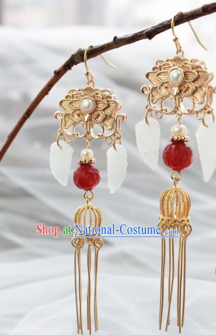 Chinese Handmade Golden Tassel Earrings Classical Jewelry Accessories Hanfu Ming Dynasty Agate Eardrop